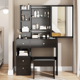 Small Space Left Drawer Desktop Vanity Table + Cushioned Stool, Extra Large Right sliding mirror, Multi Layer High Capacity Storage