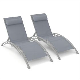 Outdoor Chaise Lounge Set of 2 Patio Recliner Chairs with Adjustable Backrest and Removable Pillow for Indoor&Outdoor Beach Pool Sunbathing Lawn (Gray