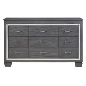 Modern Glam Bedroom Furniture 1pc Dresser of 9 Drawers Gray Finish Beveled Mirror Trim Faux Crystal Drawers Pulls