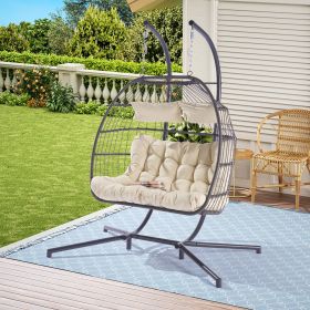 2 Person Outdoor Rattan Hanging Chair Patio Wicker Egg Chair (Color: as Pic)